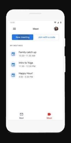 Tab Meet trên app Gmail sẽ hiển thị danh sách 