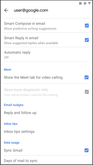 Nếu bạn không muốn tab Meet xuất hiện trong ứng dụng Gmail, hãy truy cập Settings từ menu ở góc trên cùng bên trái của hộp thư, nhấn vào tài khoản của bạn, cuộn xuống và bỏ dấu tích chọn Meet.