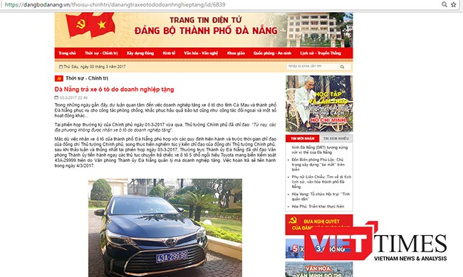 VietTimes, Thành ủy Đà Nẵng, trả lại xe ô tô, doanh nghiệp tặng, 43A-299.99, Bí thư, Nguyễn Xuân Anh