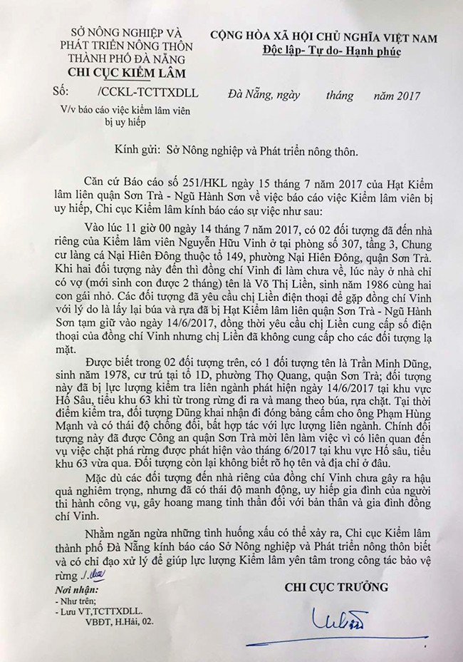 Văn bản của Chi cục Trưởng Kiểm lâm TP Đà Nẵng gửi Sở NN và PTNT TP về việc gia đình kiểm lâm viên bị đe dọa, uy hiếp