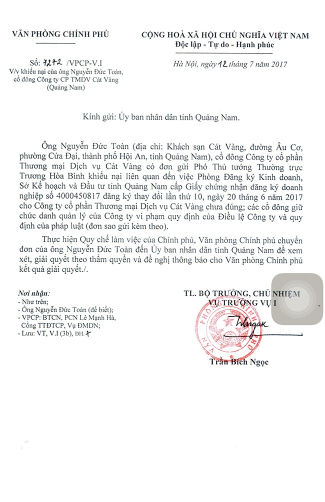 Văn bản của Chính phủ yêu cầu UBND tỉnh Quảng Nam làm rõ sự việc