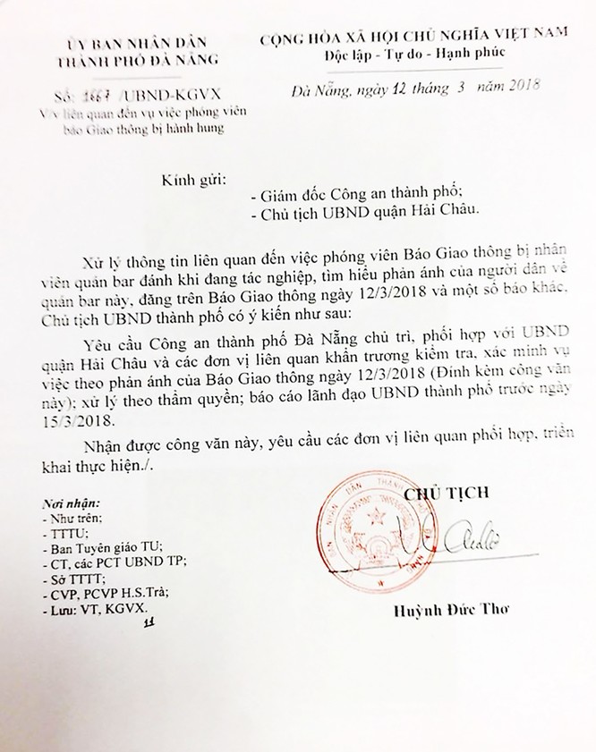 Chiều 12/3, Chủ tịch UBND TP Đà Nẵng đã có công văn yêu cầu cơ quan Công an TP và UBND quận Hải Châu tiến hành điều tra, xác minh và xử lý vụ việc theo đúng thẩm quyền