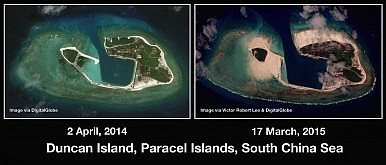 Không ảnh chụp đảo Quang Hòa ngày 2/4/2014 so sánh với thời điểm 17/3/2015, sau khi đã được mở rộng