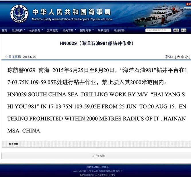 Thông báo của Cục an toàn hàng hải Trung Quốc về hoạt động của giàn khoan Hải Dương 981
