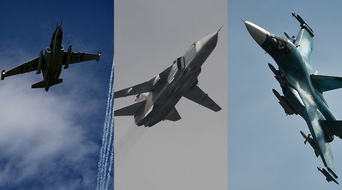 Ba loại máy bay chiến đấu Su-34, Su-25 và Su-24 của Nga đang tung hoành trên chiến trường Syria