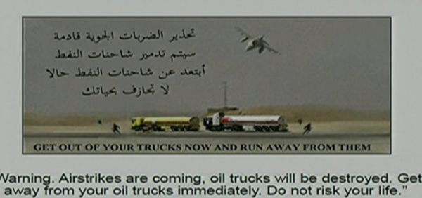 Tờ truyền đơn của Mỹ khuyến cáo IS hãy tránh xa đoàn xe tải sắp bị tiêu diệt