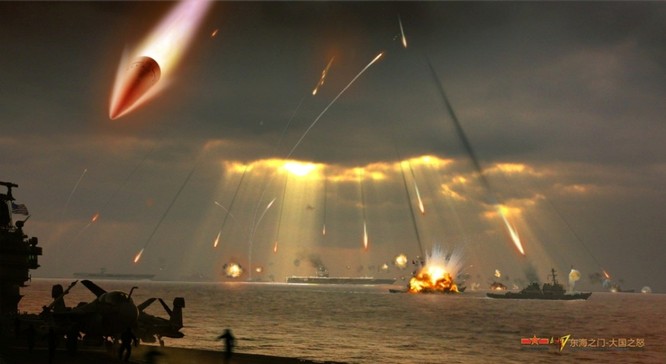 Hình ảnh giả định của Trung Quốc về một cuộc tấn công của các đầu đạn tên lửa DF-21D vào các tàu chiến Mỹ