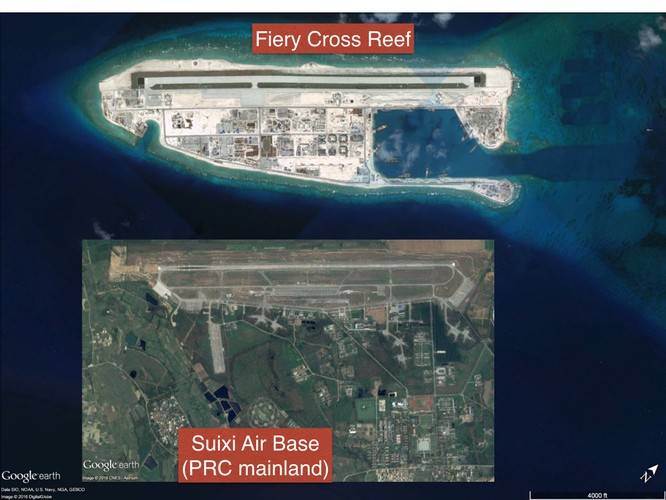 Đá Chữ Thập ở quần đảo Trường Sa đã biến thành căn cứ quân sự với đường băng, nhà chứa máy bay và các công trình quân sự kiên cố
