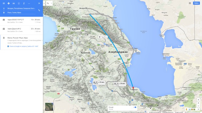 Bản đồ bay từ căn cứ Mozdok đến Iran