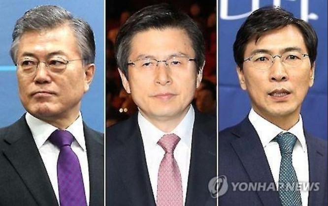 Các ứng cử viên Tổng thống Hàn Quốc gồm các ông Moon Jae-in, Hwang Kyo-ahn và An Hee-jung. Ảnh: Yonhap