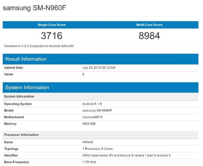 Samsung Galaxy Note 9 xuất hiện trên Geekbench: Chạy Android 8.1, RAM 6GB ảnh 1