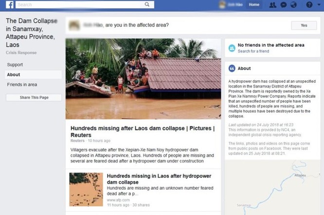 Địa chỉ Facebook kiểm tra an toàn trong vụ vỡ đập ở Lào khiến hàng trăm người mất tích ảnh 1