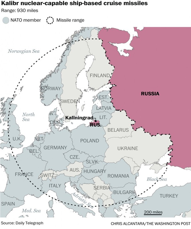 Tên lửa hành trình Kalibr nếu triển khai tại Kaliningrad có thể vươn tới hầu hết các nước châu Âu