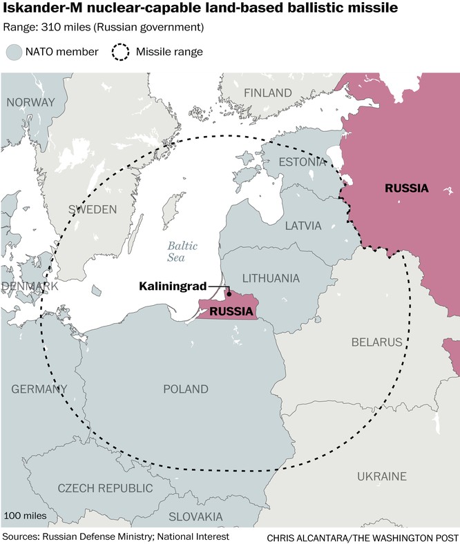 Tên lửa Iskander của Nga triển khai tại Kalingrad có thể uy hiếp nhiều căn cứ NATO