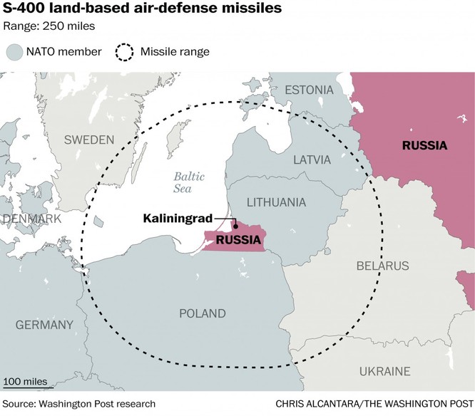 Tầm bắn của tên lửa S-400 triển khai tại vùng lãnh thổ Kaliningrad