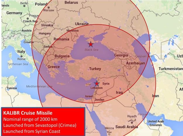 Tầm bắn của tên lửa hành trình Kalibr triển khai ở bờ biển Syria và Biển Đen