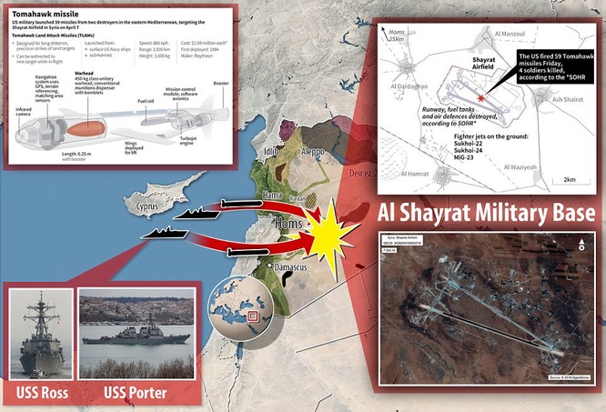 Sơ đồ vụ tập kích tên lửa Mỹ tấn công căn cứ quân đội Syria rạng ngày 7/4