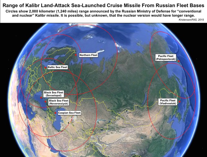 Tầm bắn tên lửa hành trình Kalibr từ các căn cứ hạm đội của Nga