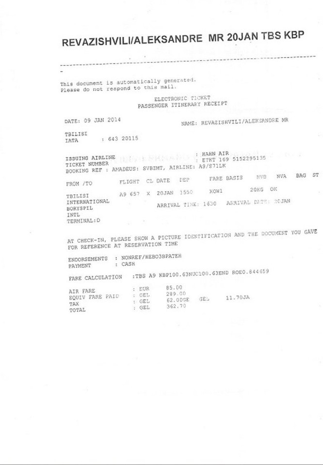 Tấm vé điện tử chứng thực chuyến bay của Alexandr Revazishvili đến Kiev trong thời gian sự kiện Maidan