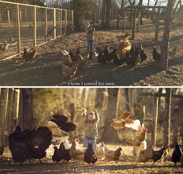 Cùng một bức ảnh đứa trẻ và đàn gà, nhưng góc chụp cho thấy sự khác biệt giữa 2 tấm ảnh.