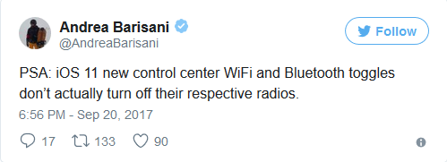 Wi-Fi và Bluetooth trên bảng Trung tâm điều khiển của iOS 11 tắt rồi vẫn chạy ngầm ảnh 1