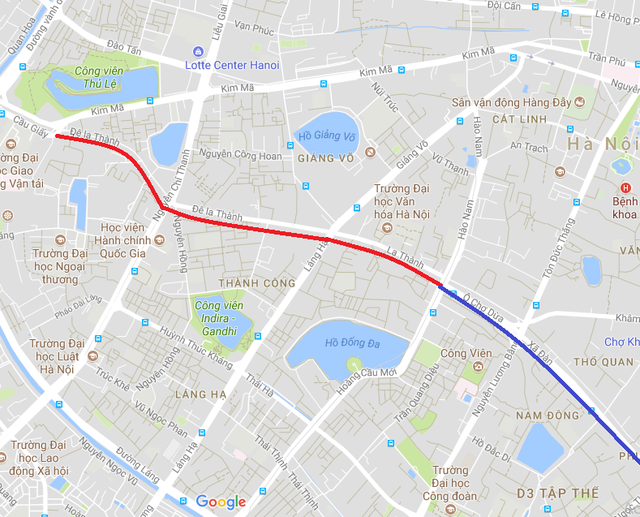  Đường màu đỏ là tuyến đường 2,2km Voi phục đến Hoàng Cầu chuẩn bị thi công, đoạn màu xanh Ô Chợ Dừa - Xã Đàn đã được mở rộng. (Ảnh Googlemap). 