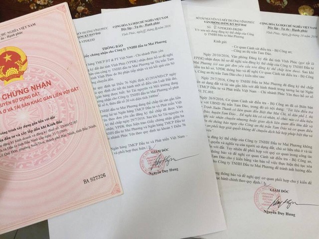 Các giấy tờ chứng minh khối tài sản đứng tên Công ty TNHH Mai Phương do ông Trịnh Xuân Giới là Chủ tịch