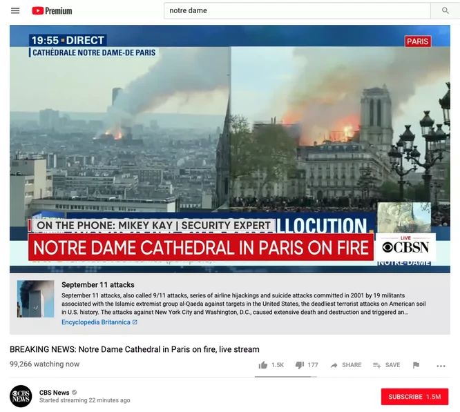 YouTube hiển thị thông tin về vụ khủng bố ngày 11/9 dưới các video trực tiếp về vụ cháy Nhà thờ Đức Bà Paris: nhầm lẫn tai hại! ảnh 1