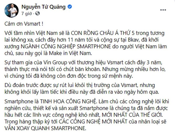 CEO BKAV Nguyễn Tử Quảng cảm ơn những nỗ lực của VinSmart ảnh 1