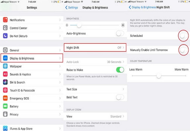Cách tắt/bật Night Shift trên iPhone chạy iOS 11