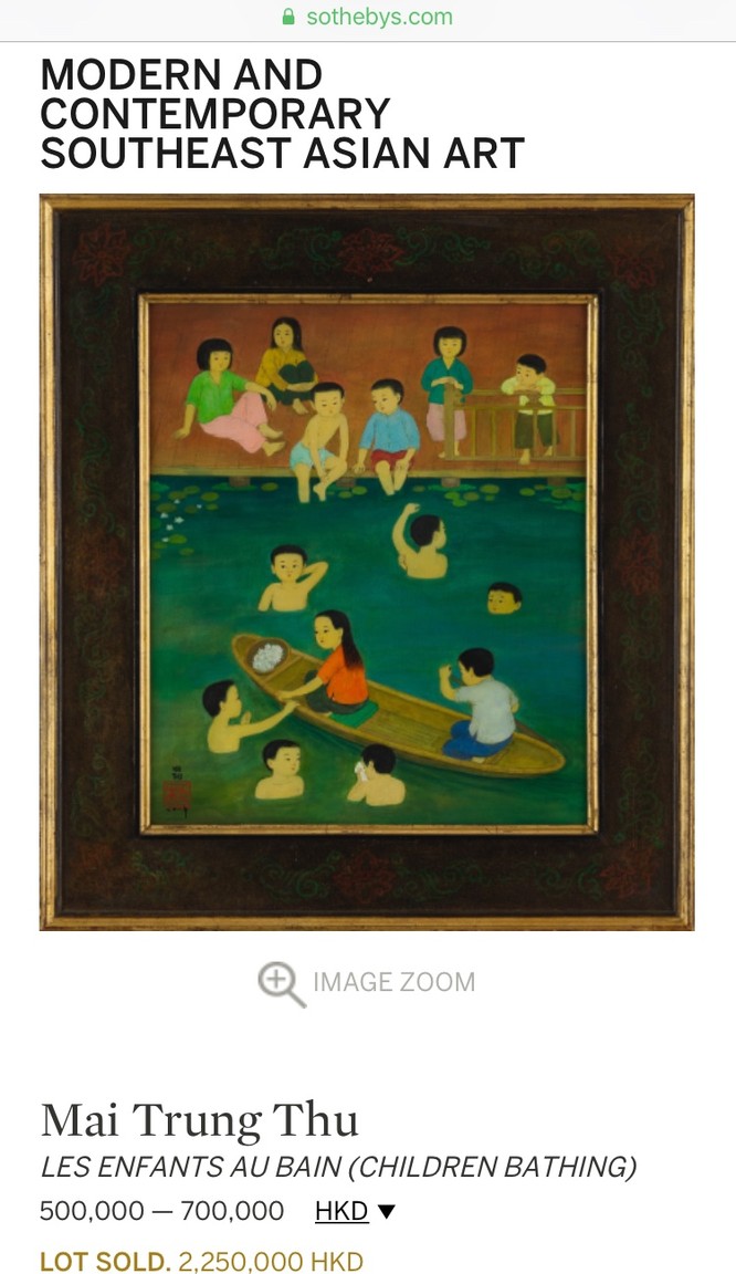 Bức tranh Việt cao giá nhất phiên đấu ngày 6/10 là lot 253 “Les enfants au bain” của danh họa Mai Trung Thứ bán ra với giá gõ búa 286,763 USD