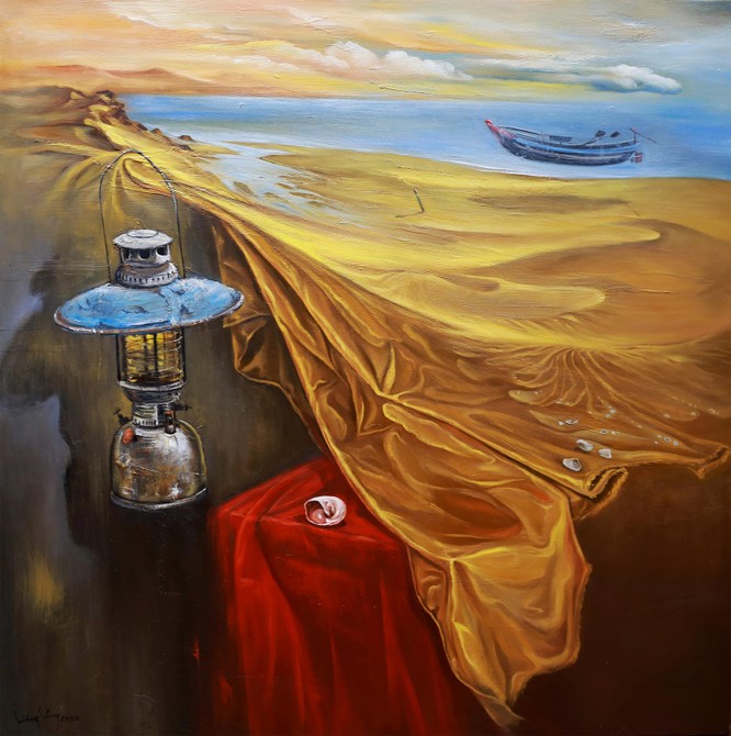 Tác phẩm Đài cát vàng (sơn dầu, 100cm x 100cm, 2020) của Nguyễn Lương Sáng
