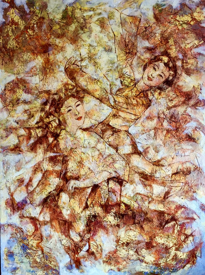 Tác phẩm Điệu múa cổ (acrylic trên toan, 120cm x 90cm, 2020) của Lý Văn Vinh