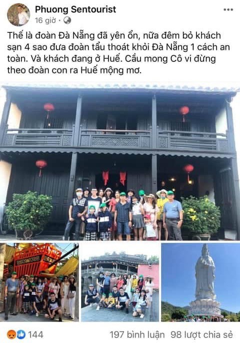 Giám đốc điều hành của Công ty du lịch Sentourist khoe chiến tích đưa đoàn khách trốn khỏi Đà Nẵng khi dịch Covid-19 đang diễn biến phức tạp tại địa phương này. Ảnh chụp màn hình Facebook.