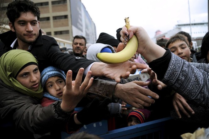 Phát đồ ăn miễn phí cho người tị nạn tại cảng Piraeus (Athens) 