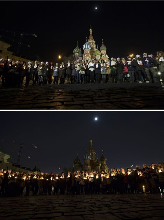 Quảng trường Đỏ Moskva trong Giờ Trái Đất. Сư dân Moskva tưởng niệm các nạn nhân vụ tai nạn máy bay ở Rostov.