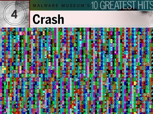 7. Crash: Ít được biết đến như những virus nền DOS khác nhưng virus Crash hầu như nhiễm vào tất cả những file có đuôi .com trên máy bị nhiễm. Tính phổ biến của Crash trên bảo tàng là vì Crash có những dấu hiệu rất đặc trưng. Nó lấp đầy màn hình bằng các màu theo mẫu và những ký tự vô nghĩa, nhấp nháy. Để tắt màn hình, người dùng phải nhấn CTRL-ALT-DEL nhưng khi đó file nào đó trên hệ thống đã bị xóa đi rồi.