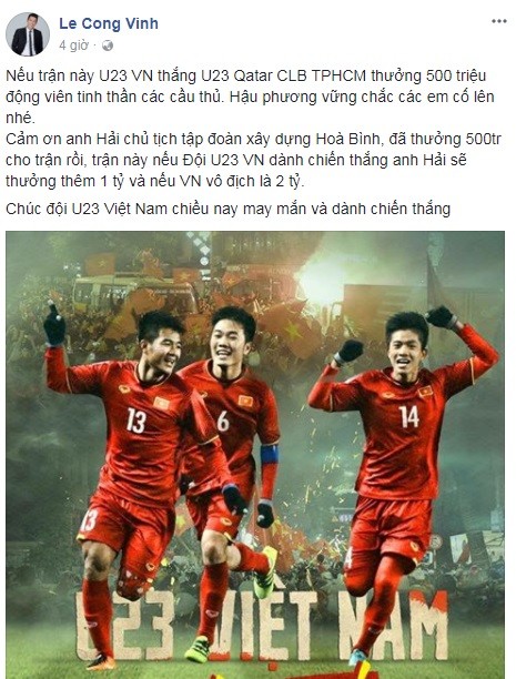 Công Vinh chia sẻ trên facebook cá nhân