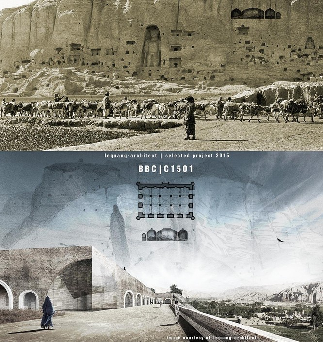 Ảnh đồ án nghiên cứu của người viết đã được nêu trong bài. Phương án kiến trúc cho trung tâm Văn hóa Bamiyan tại Afghanistan, hình ảnh được trích ra từ một ấn phẩm triển lãm tại UNESCO. Ảnh: lequang-architect.