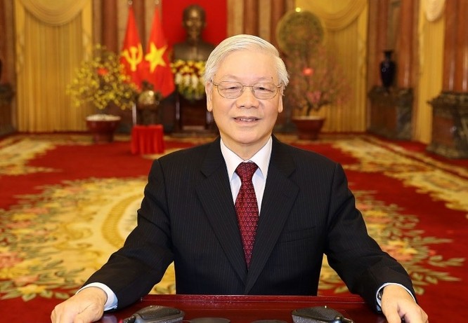 Tổng Bí thư, Chủ tịch nước Nguyễn Phú Trọng đọc Thư chúc Tết. Ảnh: TTXVN