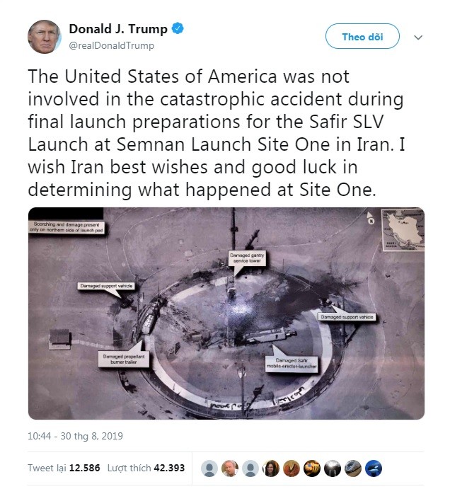 Bức ảnh mà ông Trump đăng tải trên Twitter cùng đoạn bình luận về vụ nổ tên lửa đẩy của Iran (Ảnh: Twitter)