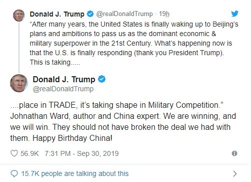 Thông điệp “chúc mừng sinh nhật” mà ông Trump đăng tải trên Twitter (Ảnh: SCMP)