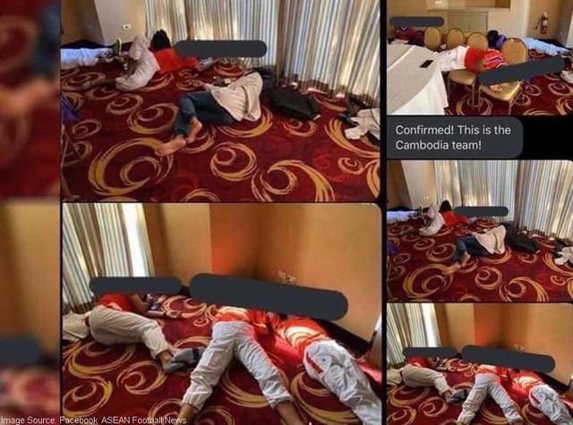 Hình ảnh cho thấy các thành viên đội bóng Campuchia phải ngủ trên sàn (Ảnh: FB)