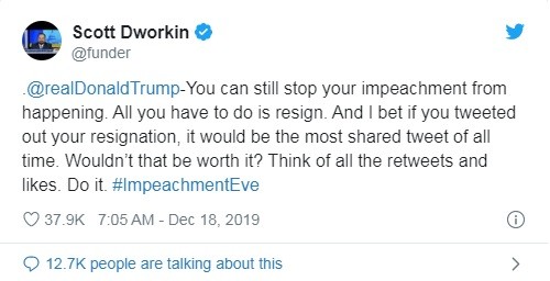 Đoạn tweet mà ông Dworkin viết, kêu gọi ông Trump từ chức (Ảnh: Twitter)