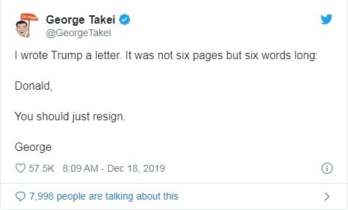 Cựu diễn viên, nhà hoạt động Takei cũng hối thúc ông Trump từ chức (Ảnh: Twitter)