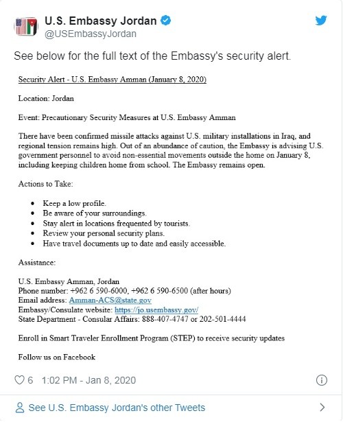 Thông báo mà Đại sứ quán Mỹ tại Jordan đăng tải trên Twitter (Ảnh: Twitter)