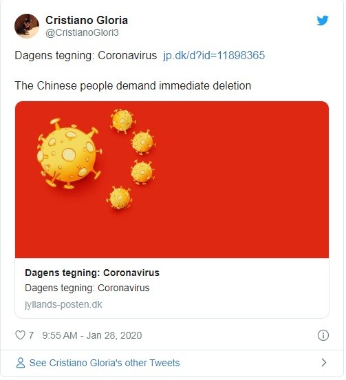 Hình ảnh virus corona gắn trên quốc kỳ Trung Quốc mà tờ Jyllands-posten đăng tải (Ảnh: RT)