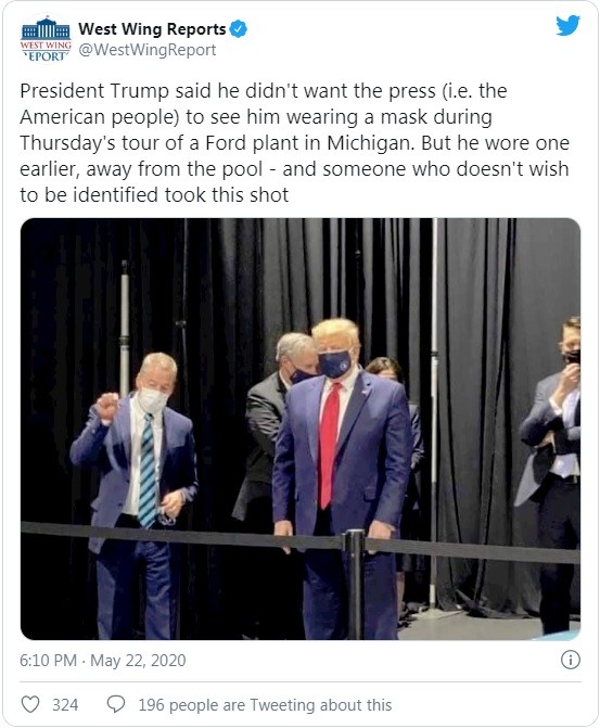 Hình ảnh duy nhất cho thấy ông Trump có đeo khẩu trang tại nơi công cộng trong bối cảnh dịch COVID-19 (Ảnh: Twitter)