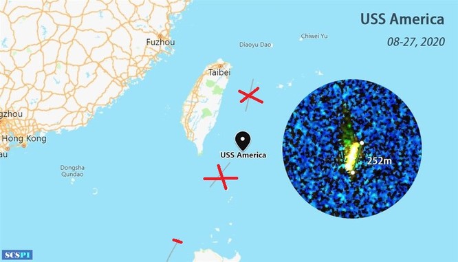 Vị trí tàu tấn công đổ bộ USS America ở ngoài khơi phía Đông Đài Loan (Ảnh: SCSPI)