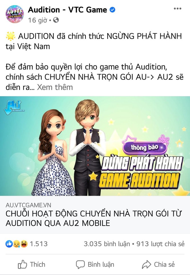 VTC Game chính thức đưa ra thông báo dừng phát hành Audition tại thị trường Việt Nam. 